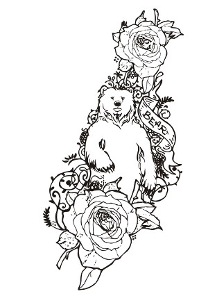 Coloriage tatouage d'ours avec des roses